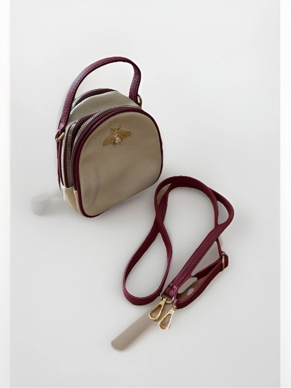 Small Beige and Brown Burgundy Mini Crossbody Bag with Metallic Gold Bee Accent